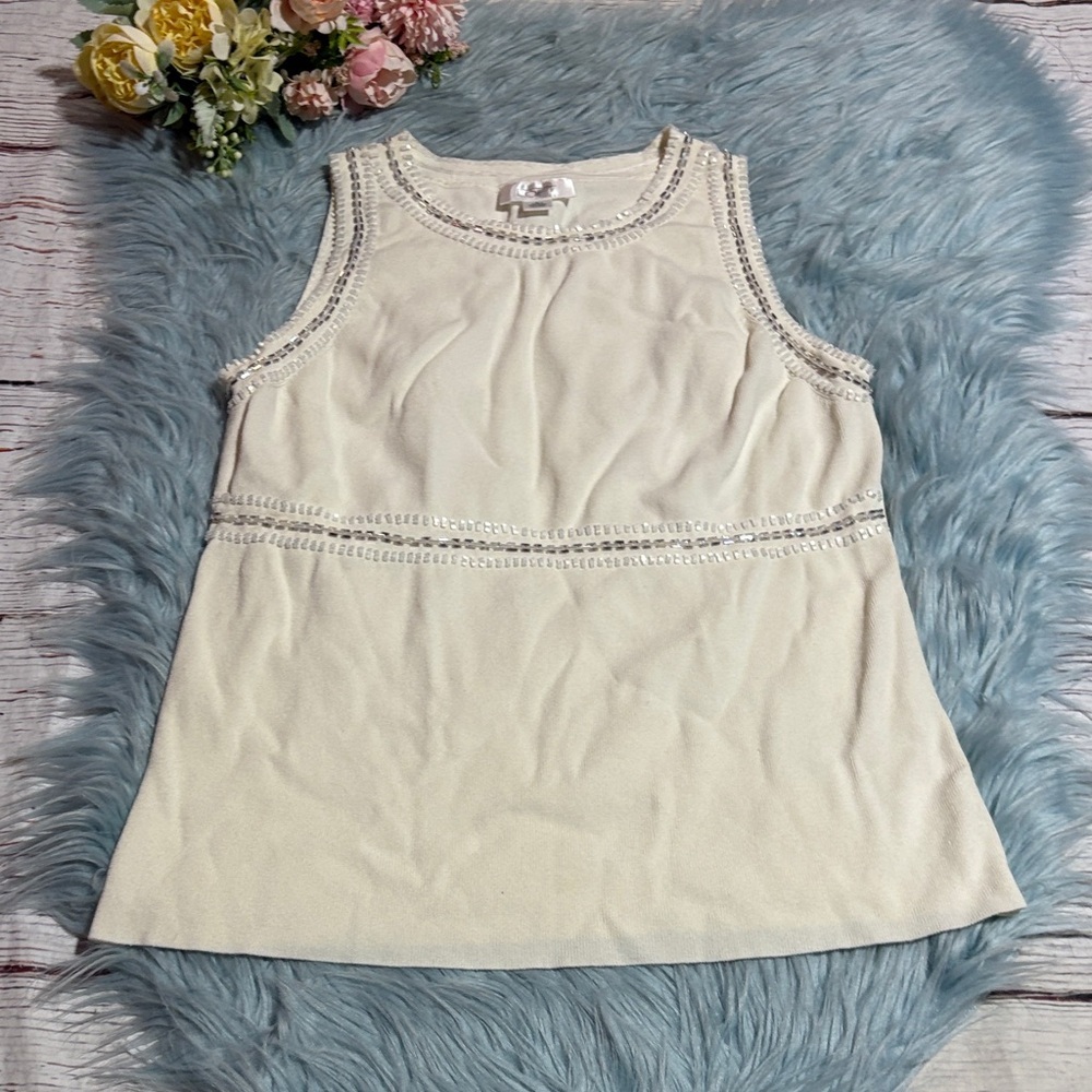 LOFT Cream Knit Sleeveless Top with Silver Beaded Accents sz L